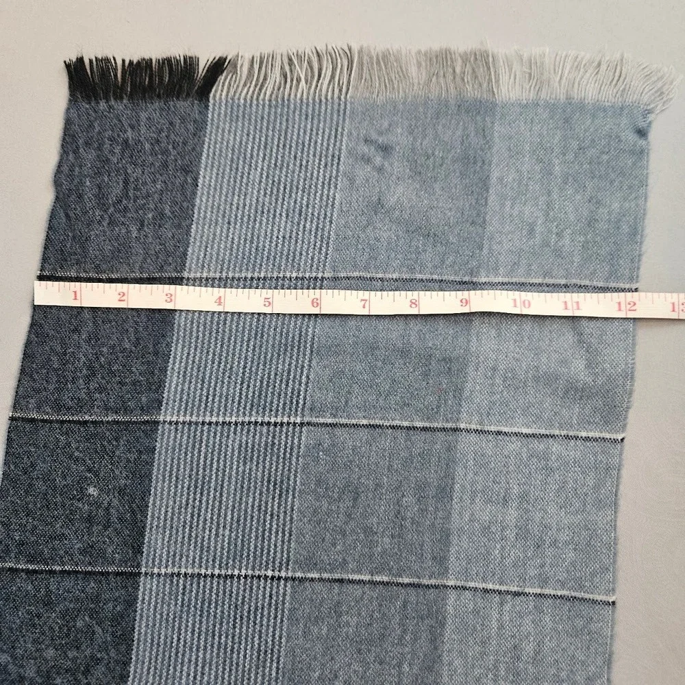 Halston Lambswool Scarf Blue Grey Striped Colorblock Fringe Winter  Unisex